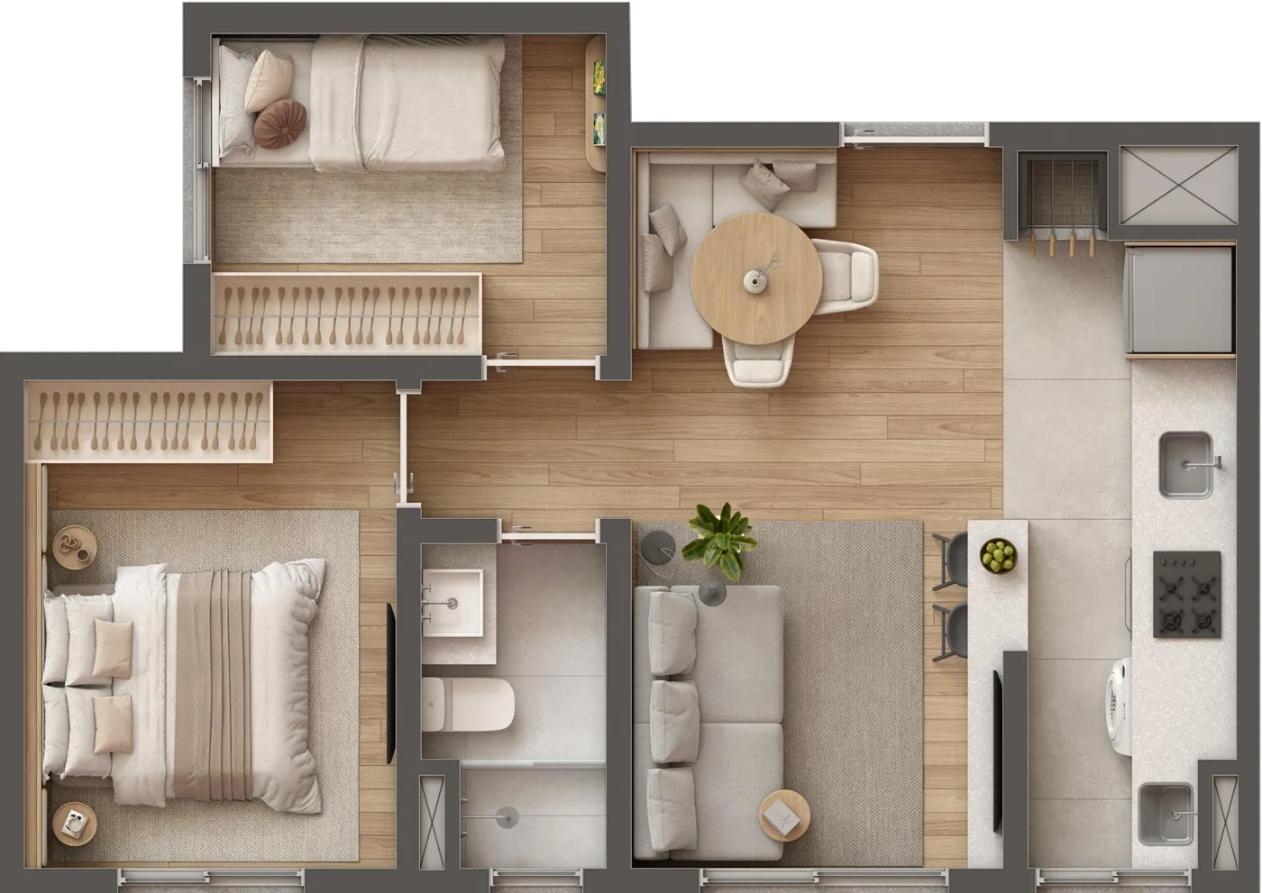 Planta do 2 dormitórios de ponta, 40,24 m²