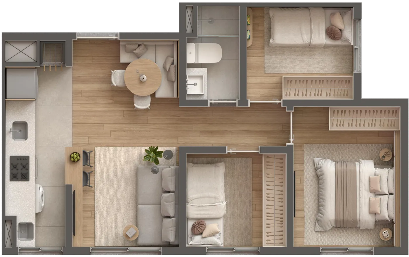 Planta do 3 dormitórios de ponta, 46,50 m²